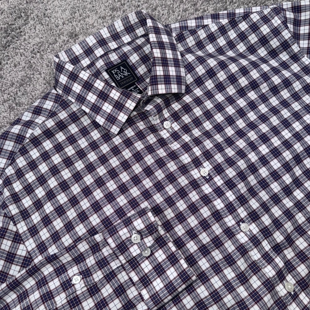 Jos. A. Bank Traveler Shirt Mens Tailored Fit Plaid Navy Burgundy XL Excellent